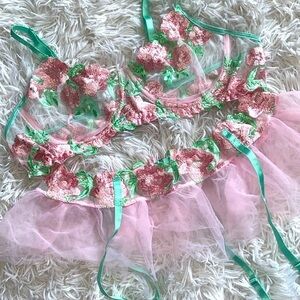 NWOT floral pastel fairy tulle bra & garter set